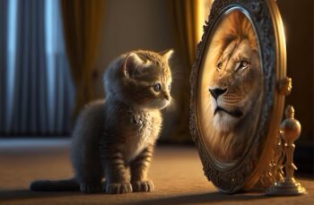 chaton-regardant-miroir-rond-table-lion-male-interieur-du-miroir